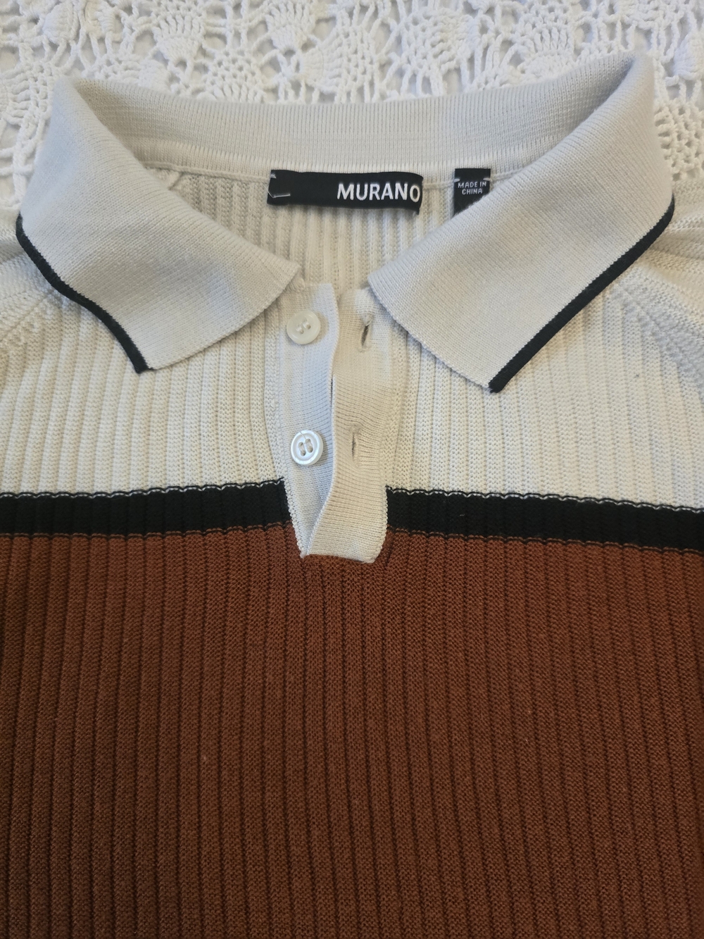 Murano Ribbed Polo Top in Cream & Brown